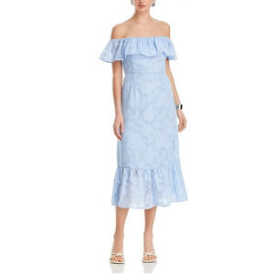 KOKO + MASON WOMENS SIZE MEDIUM OFF SHLDR JACQUARD LINED MIDI DRESS BLUE NEW